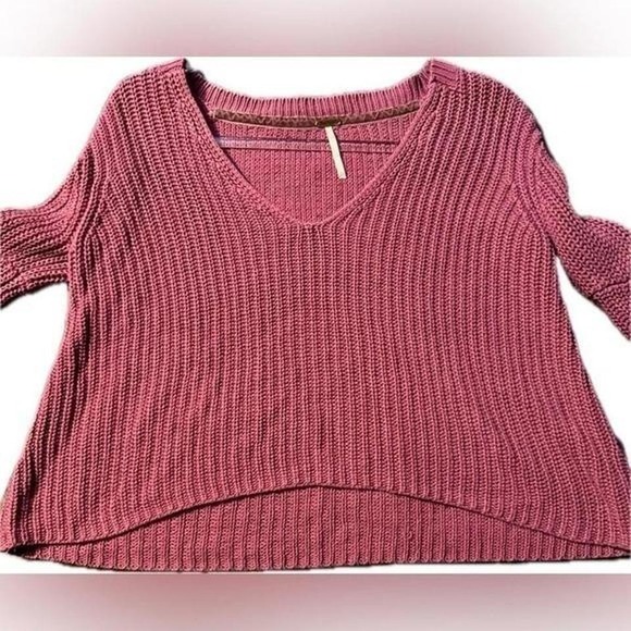 Free People XS Rose Pink Damsel Bell Sleeve V-Neck Cotton Sweater Boho Chic Knit - Picture 5 of 8